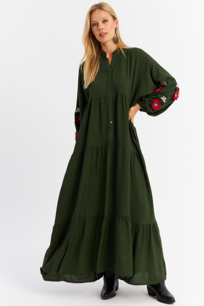 Cool & Sexy Khaki Colored Women's Maxi Dress - Flounce Detail, Alo9