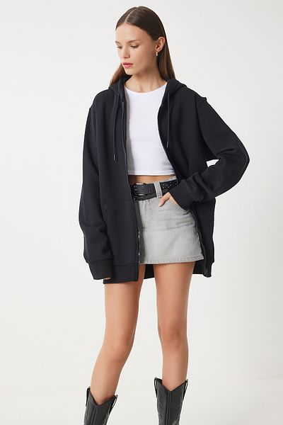 Happiness İstanbul Schwarzes Oversize-Sweatshirt mit Kapuze – Reißverschluss, VN00015