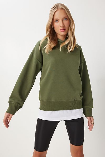 Happiness İstanbul Khakifarbenes Damen-Sweatshirt mit Kapuze – Raster OW00050