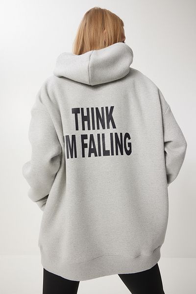 Happiness İstanbul Graues Oversize-Sweatshirt mit Kapuze für Damen OW00047
