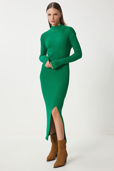 Happiness İstanbul Women's Green Stand Collar Slit Saran Knitwear Dress Dd01338