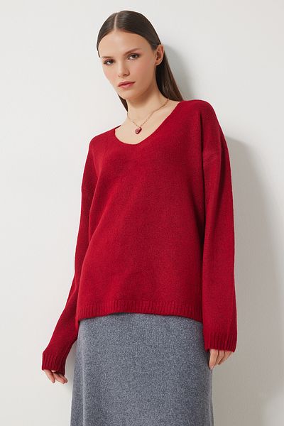 Happiness İstanbul Roter Strickpullover mit V-Ausschnitt für Damen ZA00063