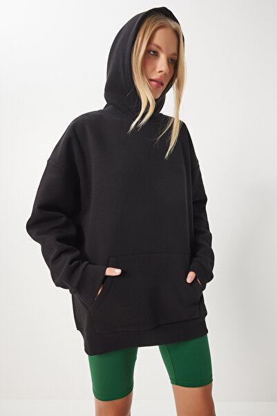Happiness İstanbul Μαύρο Oversize γυναικείο φούτερ με κουκούλα - OW00048