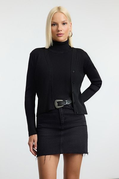 Trendyol Collection V-Neck Black Knitwear Blouse and Cardigan Set - Twoaw25Hi00072
