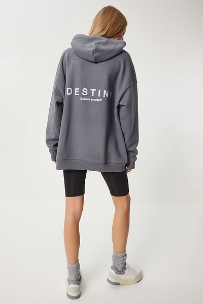 Happiness İstanbul Dámská uzená mikina oversize s kapucí a žebrováním Ow00049
