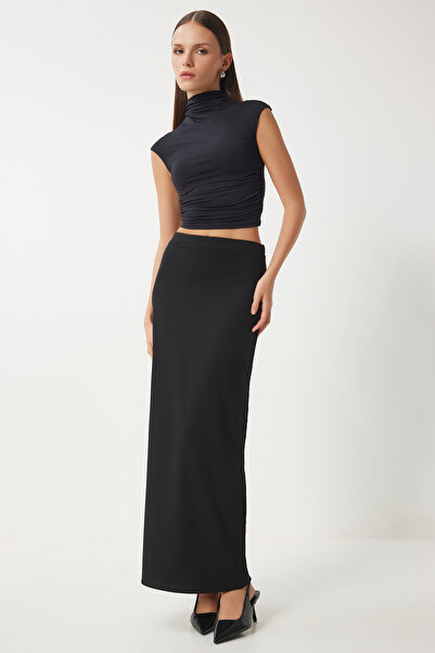 Happiness İstanbul Dámská černá pletená sukně s rozparkem Midi viskózová UB00072