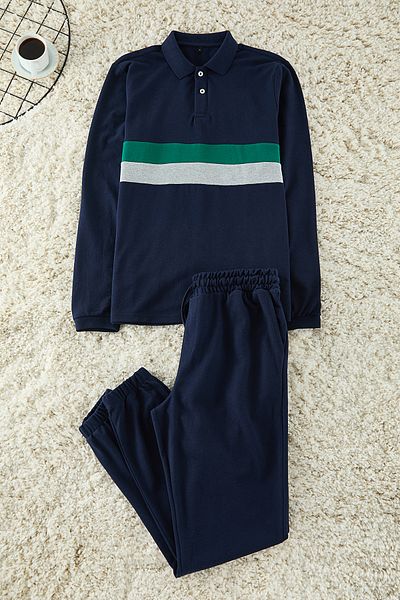 Trendyol Collection Pletená pyžamová souprava v námořnické modré Regular Fit - Pique Fabric TMNAW25PT00018