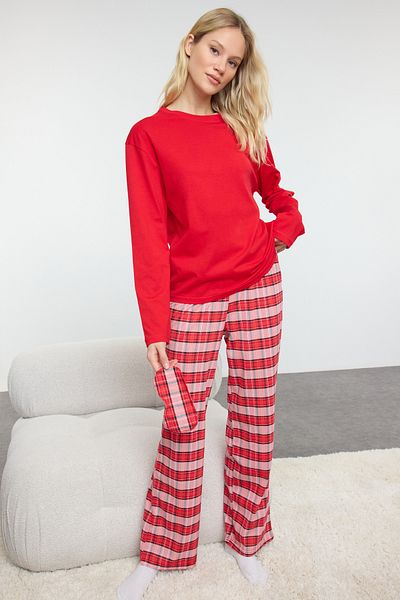 Trendyol Collection Cotton Red Plaid Pajama Set and Sleeping Headband - Thmaw25Pt00181
