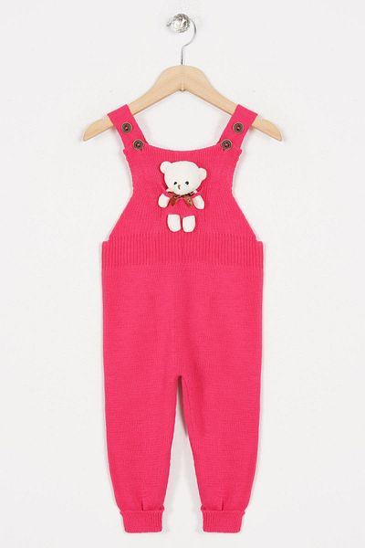 zepkids Hanging Strap Buttoned Fuchsia Color Salopet with Teddy Bear on the Front