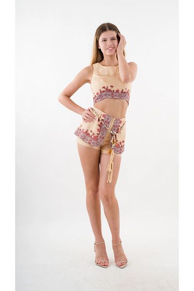 hazelin Set de bluză și pantaloni scurți pentru femei cu imprimeu etnic galben - cu centură în talie HZL24S-YY261