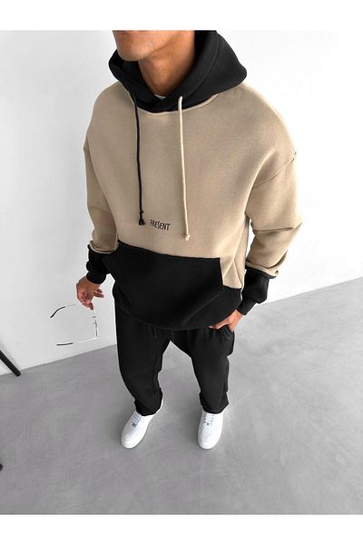 ablukaonline Мъжки суичър с качулка Oversize - двуцветен, кафяв