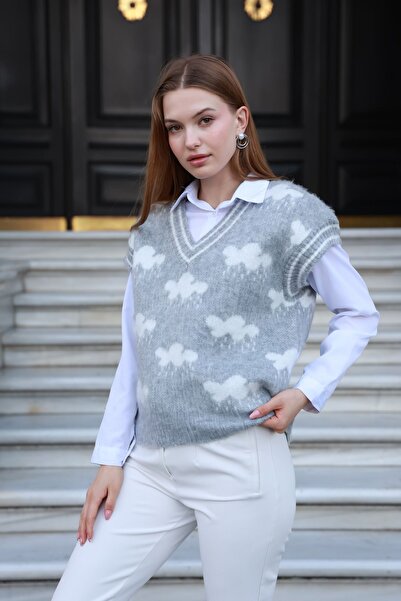 winter club Kadın V Yaka Fitilli Kenarlı Bulut Desenli % 100 Ipek Şardonlu 2 ...