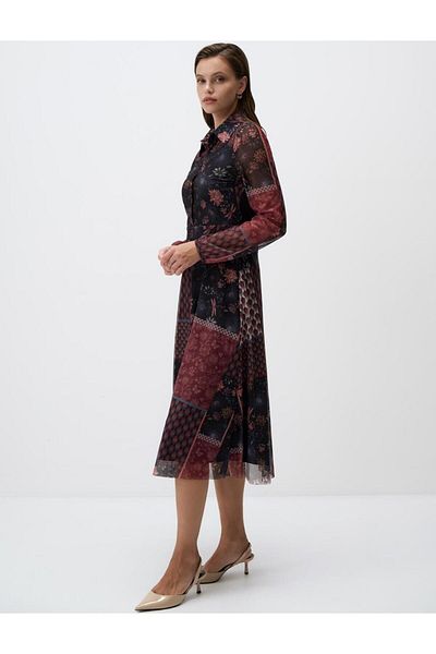 Jimmy Key Burgundy Print Shirt Collar Knitted Mesh Midi Dress