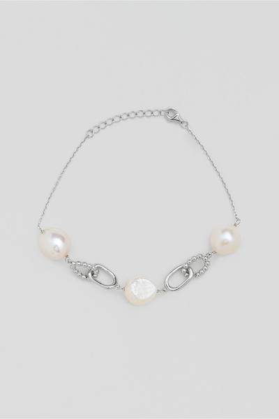 So CHIC... Doğal İnci Taşlı 18 Ayar Beyaz Altın Kaplama 21 Cm Gümüş Bileklik