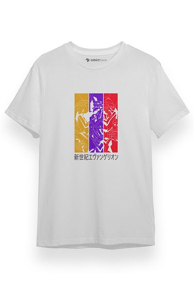 Tshirthane Ανδρικό μπλουζάκι Neon Genesis Evangelion Πολύχρωμη αφίσα Λευκό κοντομάνικο