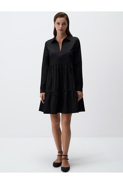 Jimmy Key Black V Neck Relaxed Fit Long Sleeve Mini Dress