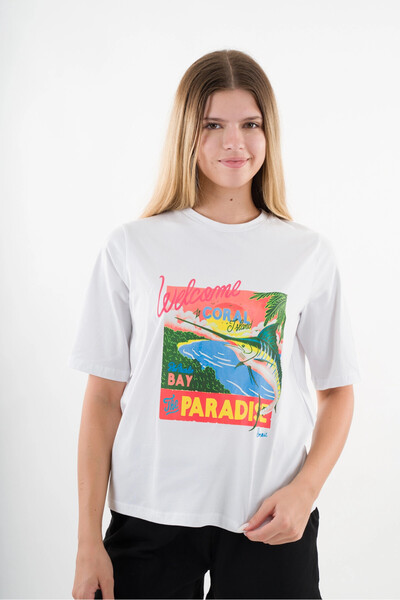 hazelin Tricou cu decolteu rotund cu imprimeu Paradise alb pentru femei HZL24S-YY302