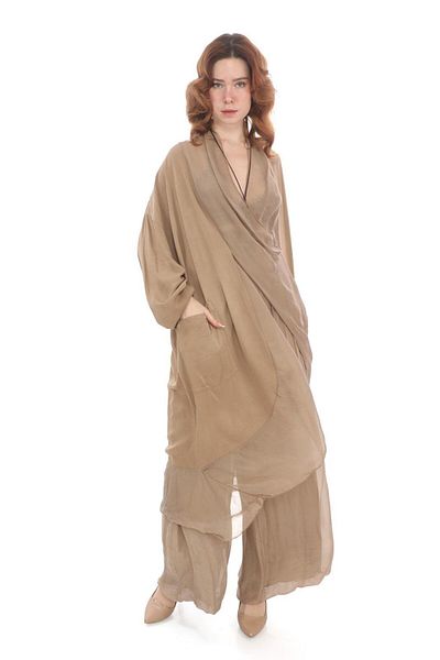Bohem Stil Oversize Cap Blouse and Wes Pants Set - Italian Silk Detailed