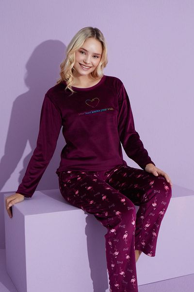 Tarık Women's Swan Patterned Long Sleeve French Velvet Fabric Winter Warm Pajamas Set