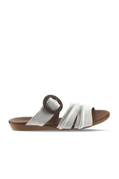 Bueno Shoes Γυναικείες λευκές δερμάτινες φλατ παντόφλες - 01wu7438