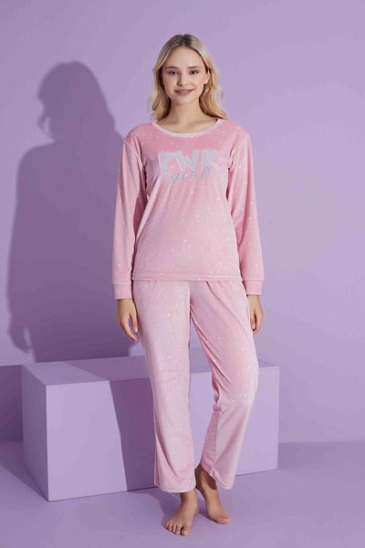 Tarık Women's Star Patterned Long Sleeve French Velvet Fabric Winter Warm Pajamas Set