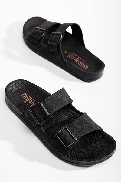Ccway Men's 2 Buckle Belted Slippers Black
