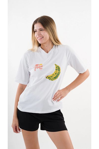 hazelin White Yellow Banana House Printed Women's T-Shirt - Crew Neck Hzl24S-Yy302