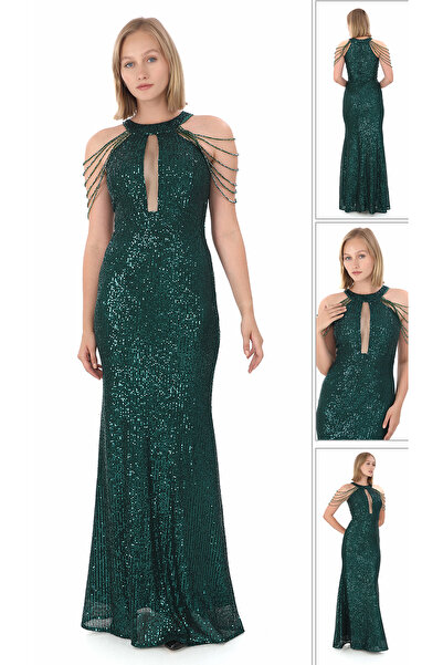 MODAS HALTER YAKA TAŞ DETAYLI PUL PAYET UZUN ELBİSE