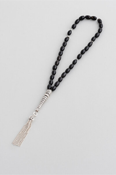 So CHIC... Doğal Oniks Taşlı 18 Ayar Beyaz Altın Kaplama 25 Cm Gümüş Tesbih