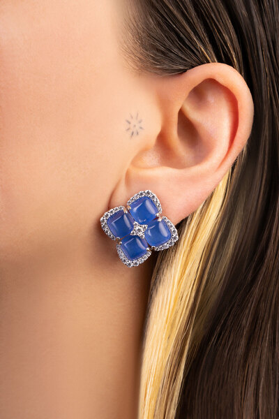 So CHIC... Safir Çiçeği 18 Ayar Beyaz Altın Kaplama Gümüş Tasarım Küpe