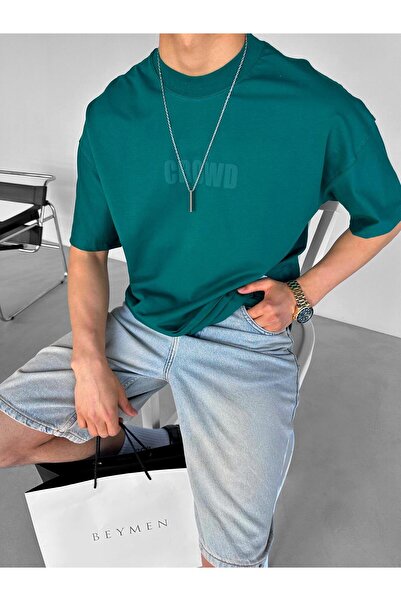 ablukaonline تي شيرت رجالي أخضر كبير الحجم - مطبوع عليه عبارة "Crowd" ورقبة د...