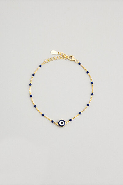 So CHIC... Lacivert Mineli 18 Ayar Beyaz Altın Kaplama 20 Cm Gümüş Nazar Bileklik