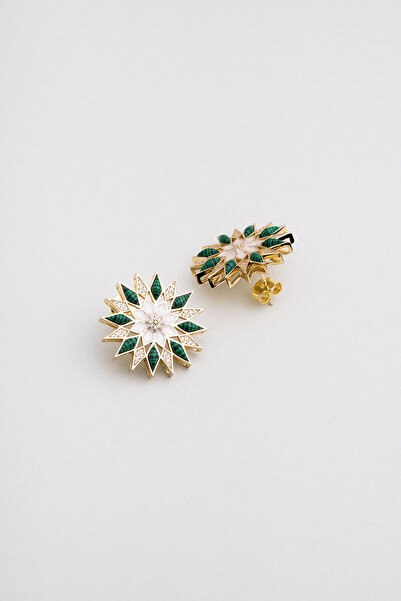 So CHIC... Malahit Çiçeği 18 Ayar Sarı Altın Kaplama Gümüş Tasarım Küpe