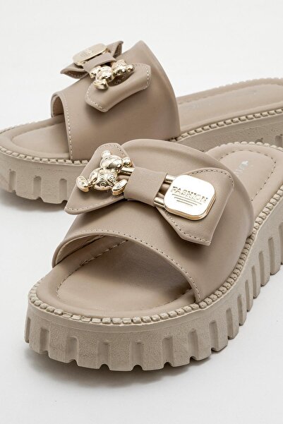 Ccway Woman's teddy bear buckle slipper nude