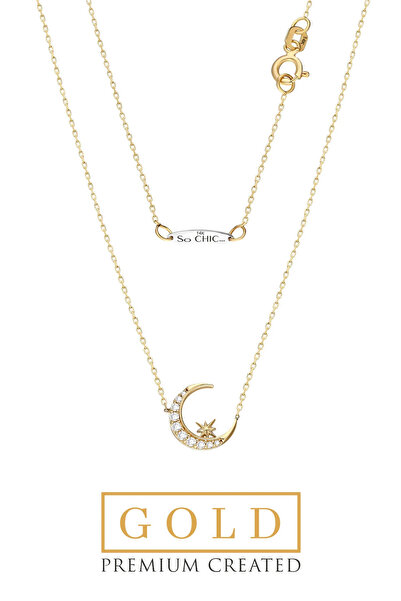 So CHIC... Sarı Altın Sertifikalı Premium Created Taşlı Ay Yıldız Kolye