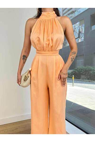 modaçelikler Boğazlı Kolsuz Drape Detaylı Bol Paça Rivaldo Kadın Somon Tulum 24Y119