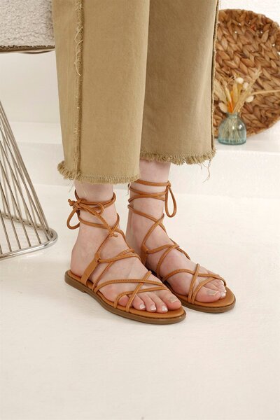 Ccway Kadın İp Bağlamalı Sandalet CAMEL CİLT