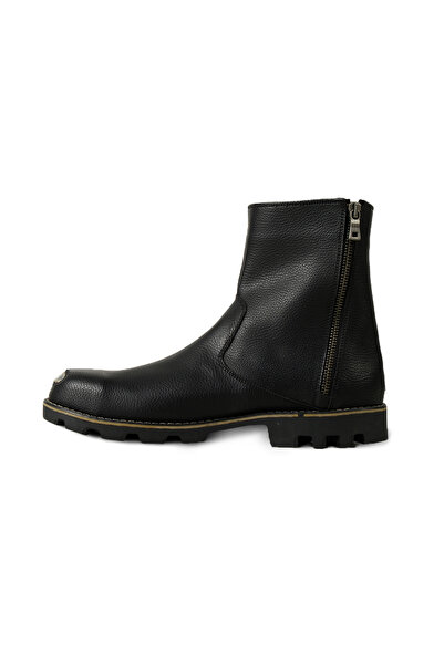 VEAVEN Erkek Siyah Kalın Tabanlı Fermuarlı Çelik Burunlu Deri Bot