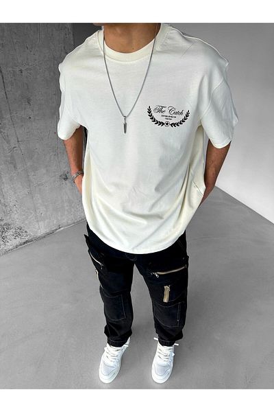 ablukaonline Ανδρικό μπλουζάκι Oversize 100% βαμβακερή υφή με χοντρή λαιμόκοψη εκρού