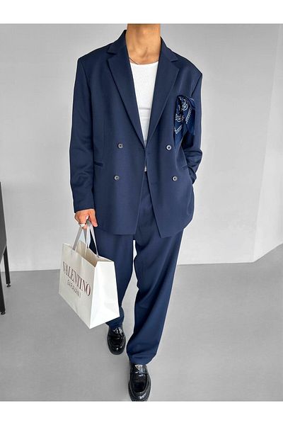 ablukaonline Men's Oversize Comfortable Fit Double Breasted Suit Navy Blue