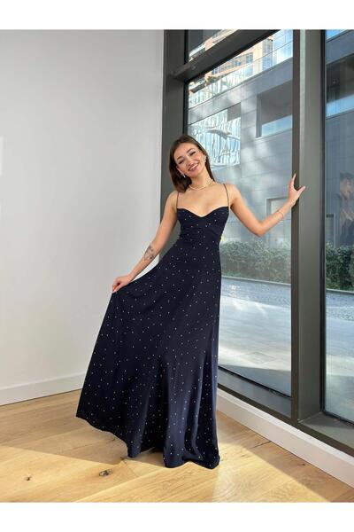 modaçelikler İnce Askılı Arkası Gipeli Nicoly Kadın Lacivert Elbise 24Y104