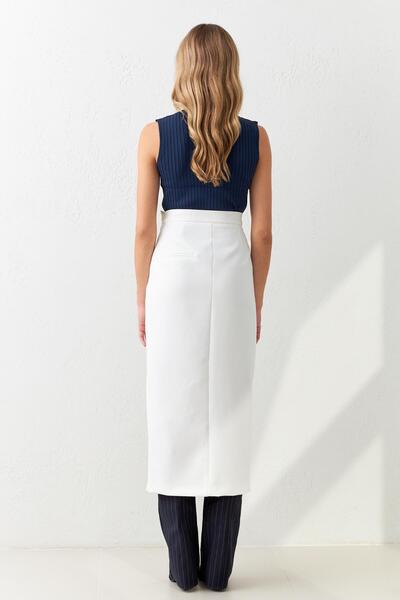 Setre Ecru Asymmetrical Waist-Seated Slit Detailed Midi Skirt