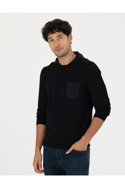 Pierre Cardin Siyah Slim Fit Kapüşonlu Triko Kazak 50259852-VR046