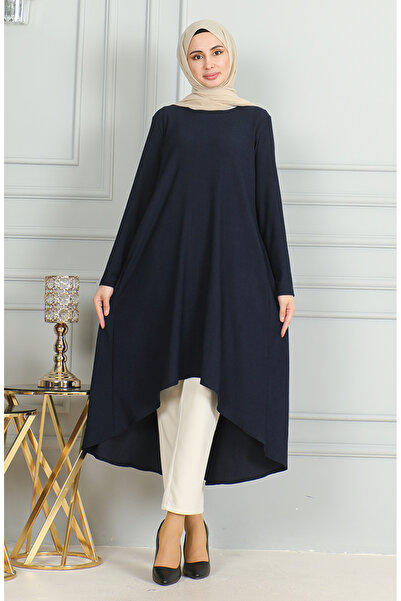 sefamerve Bürümcük Kumaş Asimetrik Kesim Tunik 1032-01 Lacivert
