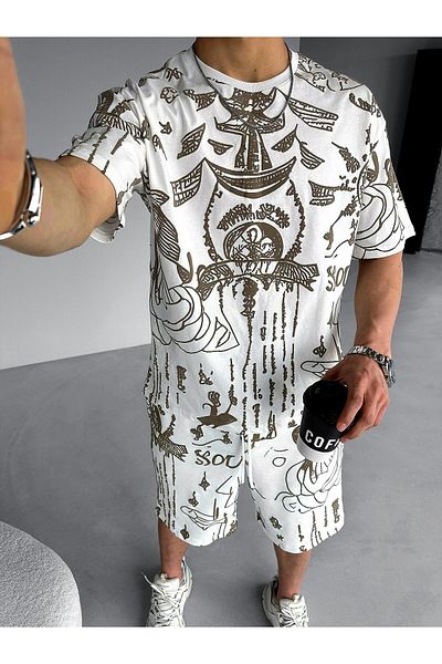 ablukaonline Λευκό ανδρικό μπλουζάκι Oversize - Ethnic Printed and Ανάγλυφο