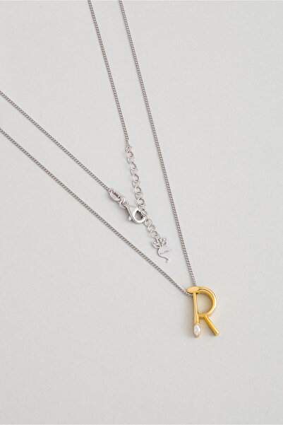 So CHIC... Asimetrik R Harfi 18 Ayar Beyaz Ve Sarı Altın Kaplama 45 Cm Gümüş Harfli Kolye
