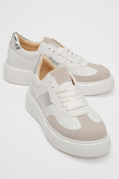 Ccway Pantofi sport de damă, alb, gri, piele intoarsa