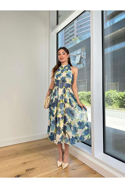 modaçelikler Rochie midi cu imprimeu albastru Elva pentru femei - cu jumătate de gât și curea 24Y644