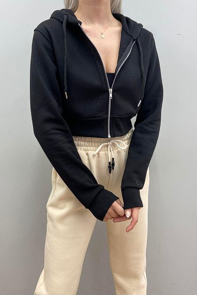 lizge giyim HOODED CROP ZIPPERED SWETSHIRT