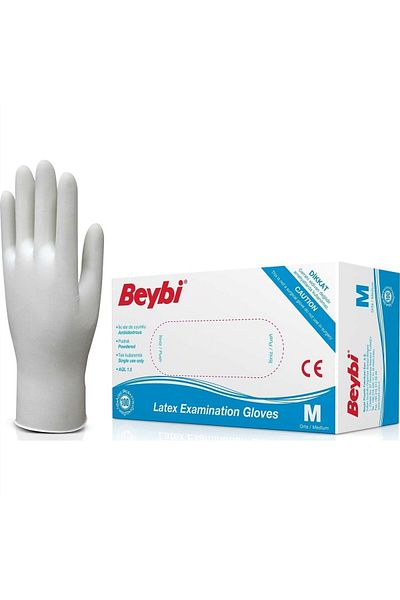 Beybi قفازات فحص متوسطة الحجم من اللاتكس (M) 100 قطعة
